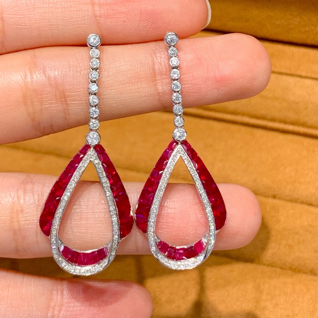 14k Gold 3 Ct Natural Ruby & Diamond Earrings - 2