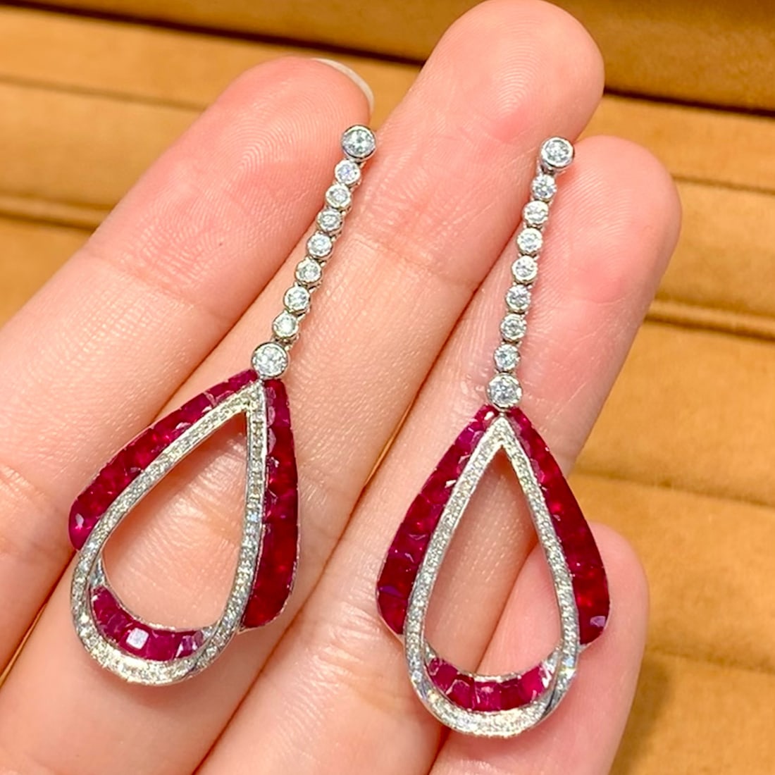 14k Gold 3 Ct Natural Ruby & Diamond Earrings - 4