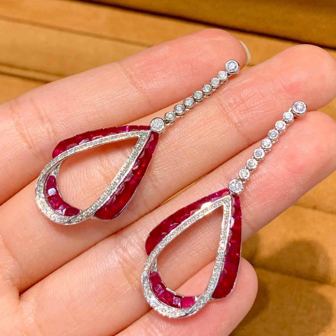 14k Gold 3 Ct Natural Ruby & Diamond Earrings - 5