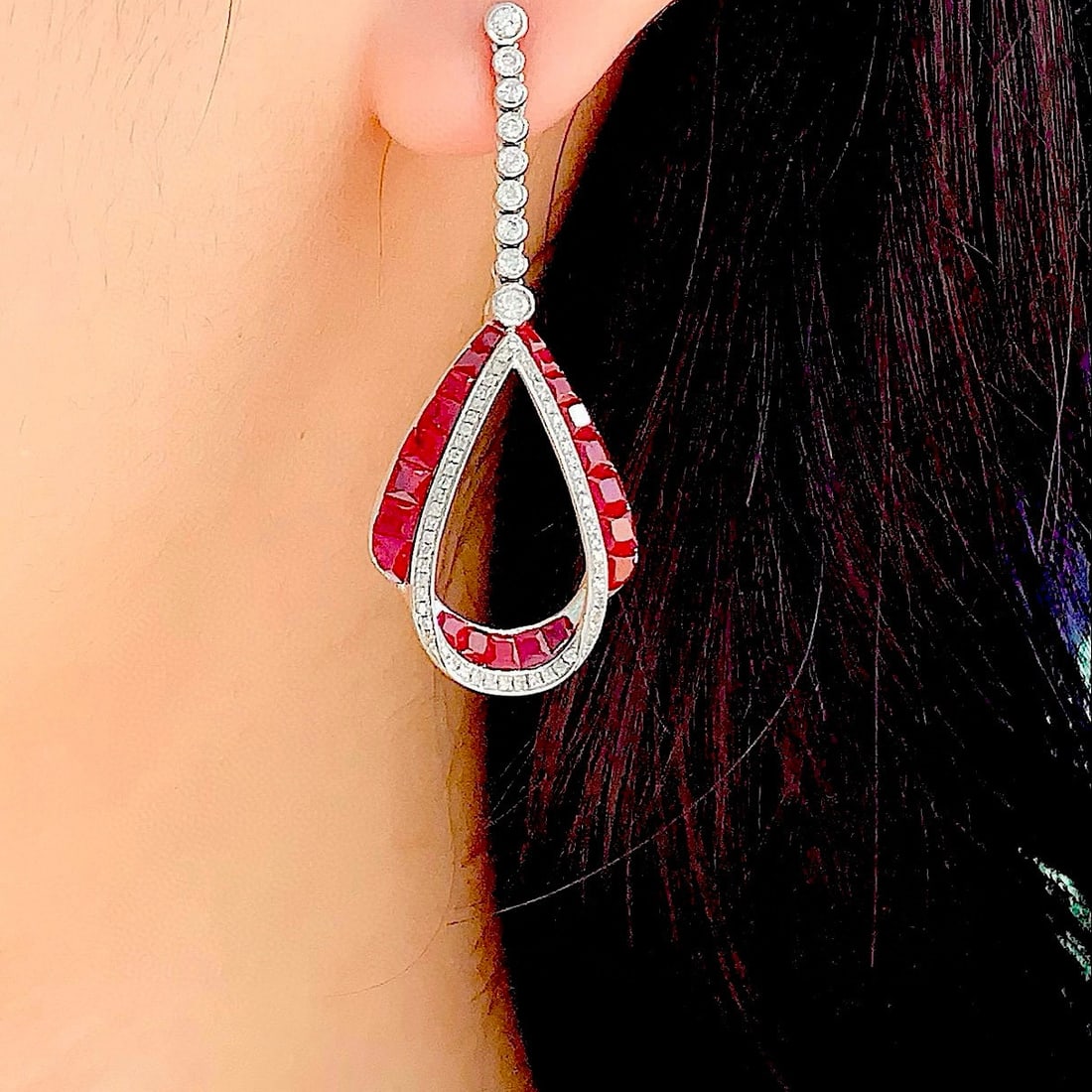 14k Gold 3 Ct Natural Ruby & Diamond Earrings - 6