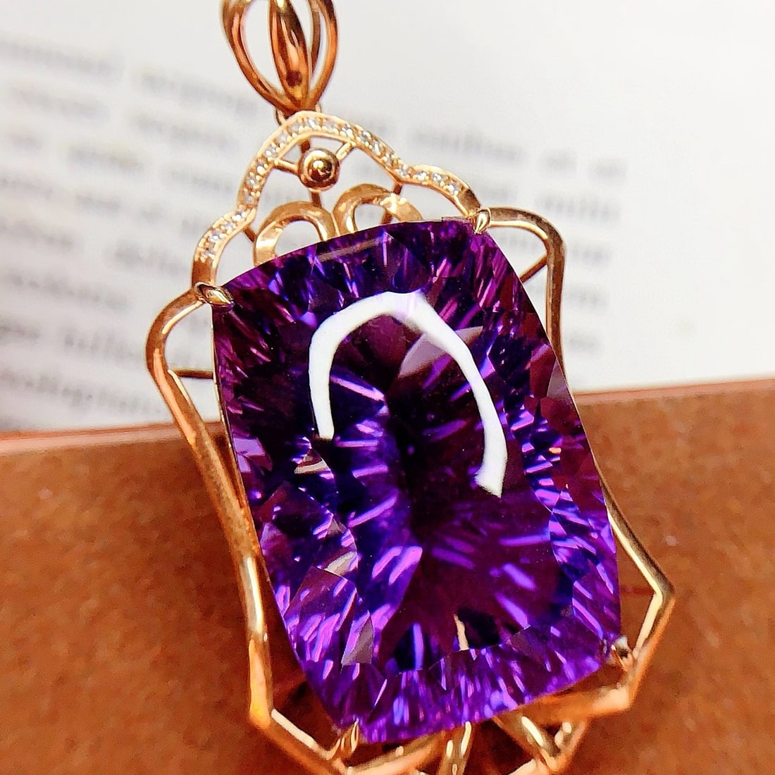 14k Gold 41.4 Ct Natural Amethyst & Diamond Pendant( Without Chain ): Ref:231117024 // gold content:14k gold // main gemstone:amethyst // shape:other // carat weight:41. 4ct // color:purple // treatment:natural // // adjacent gemstone 2 : diamond // number of stones:20