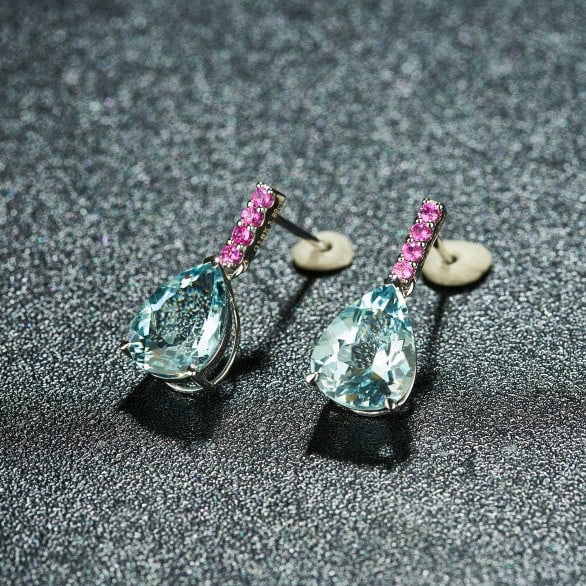 14k Gold 3.89 Ct Natural Aquamarine & Sapphire Earrings - 6