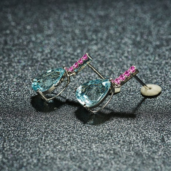14k Gold 3.89 Ct Natural Aquamarine & Sapphire Earrings - 7