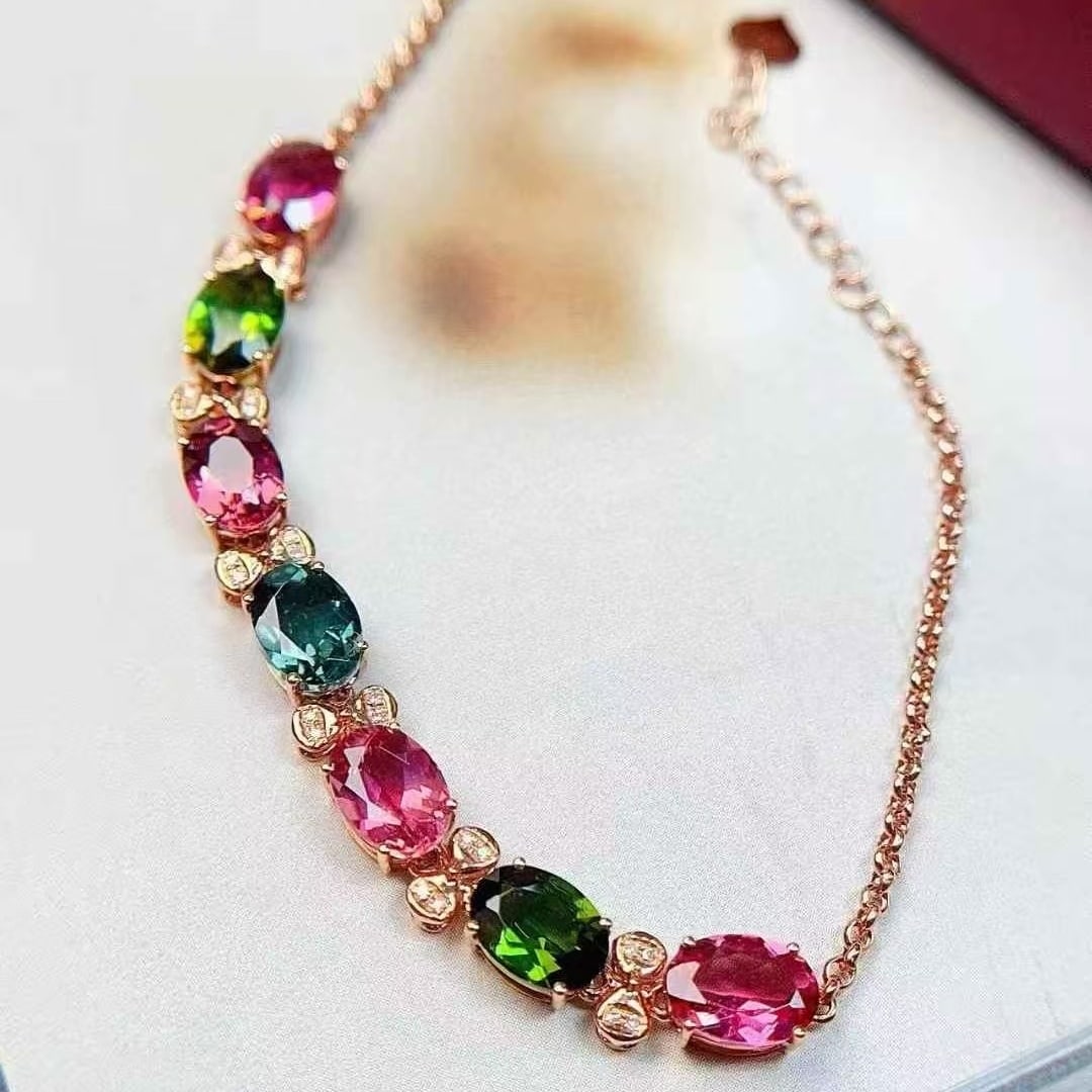14k Gold 5 Ct Natural Tourmaline & Diamond Bracelet - 2
