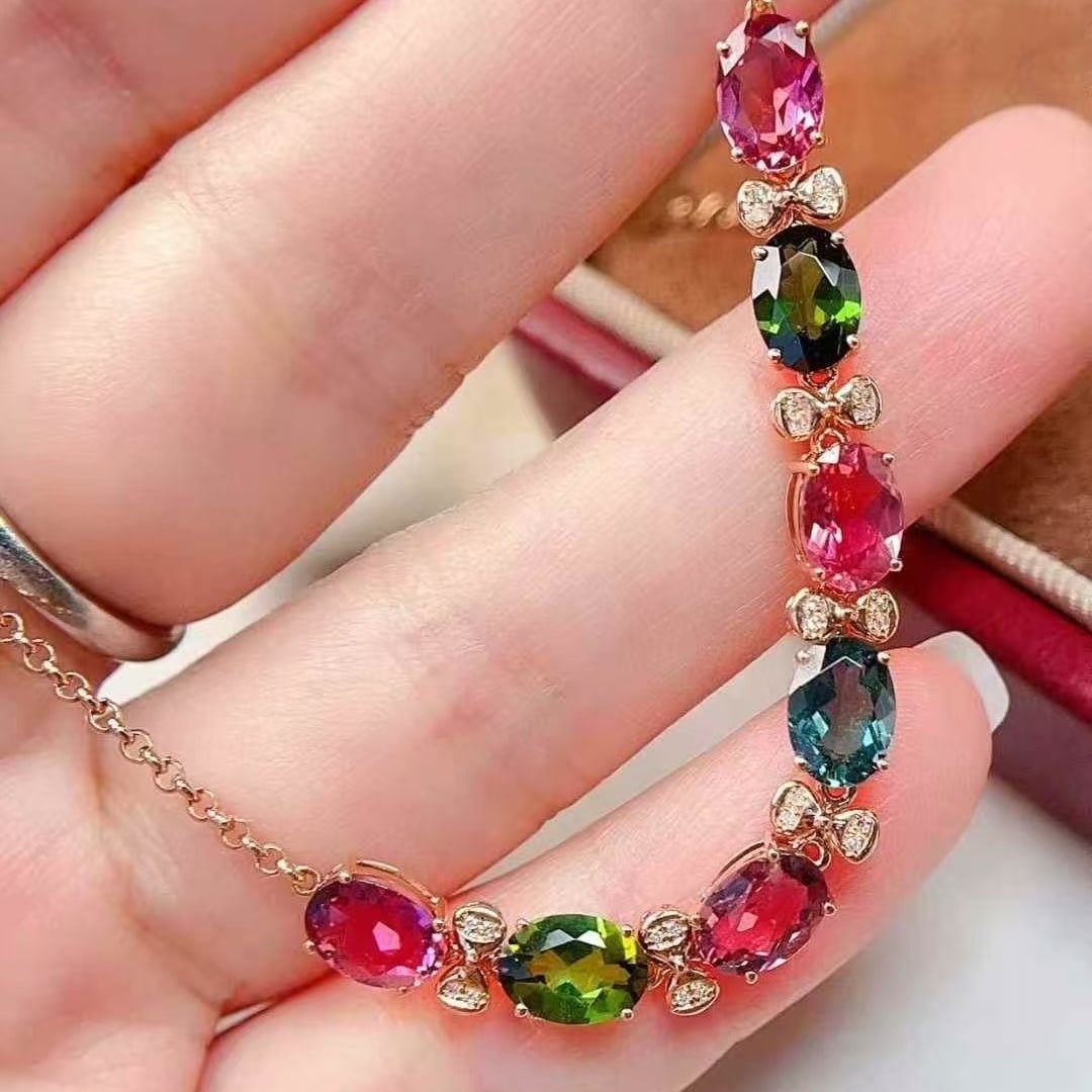 14k Gold 5 Ct Natural Tourmaline & Diamond Bracelet - 4