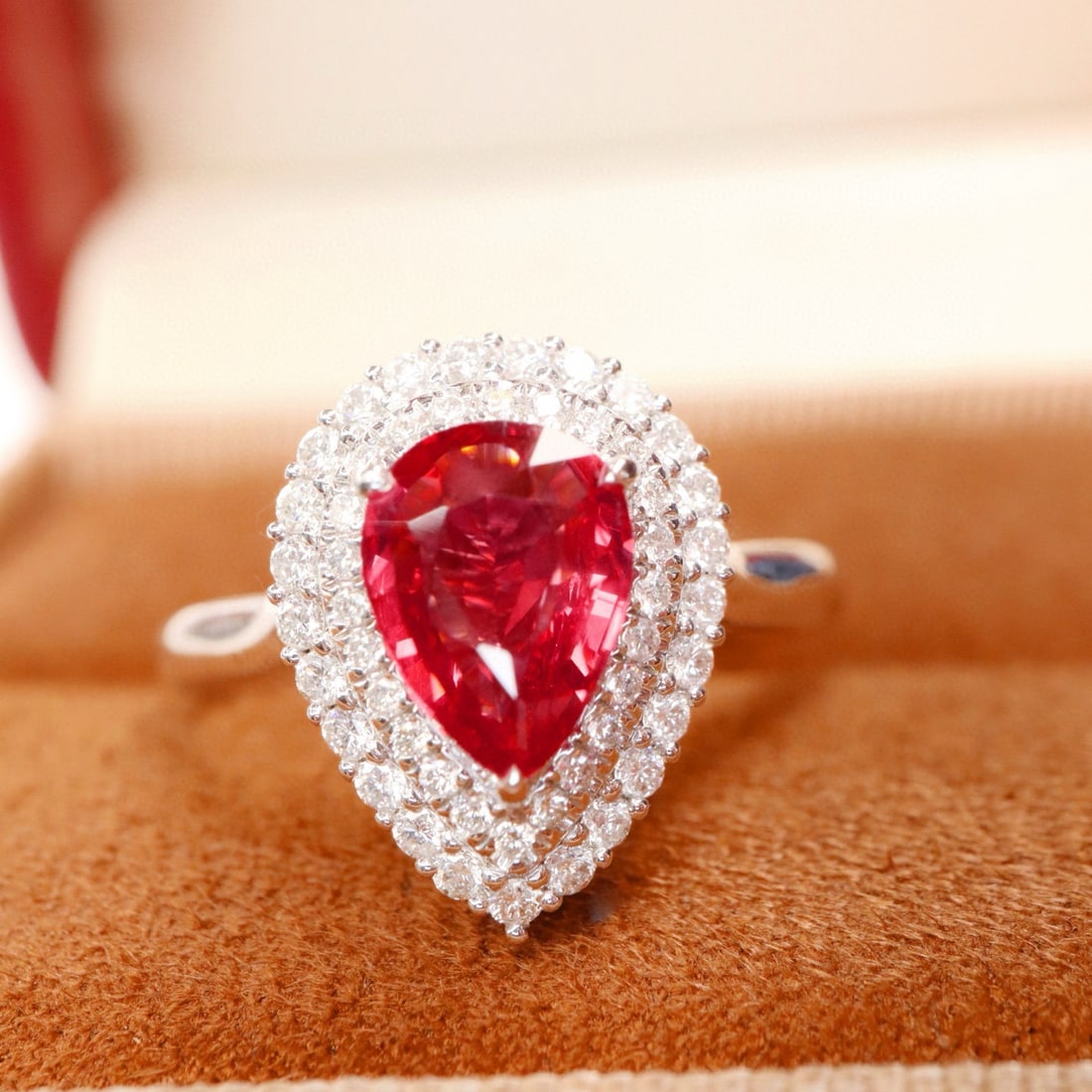 14k Gold 1.61 Ctw Natural Spinel & Diamond Ring/pendant( Without Chain ): Ref:231117171 // gold content:14k gold // ring size:7. 25us // // main gemstone:spinel // shape:pear // carat weight:1. 20ct // color:red // treatment:natural // // adjacent gemstone 2 : diamond //