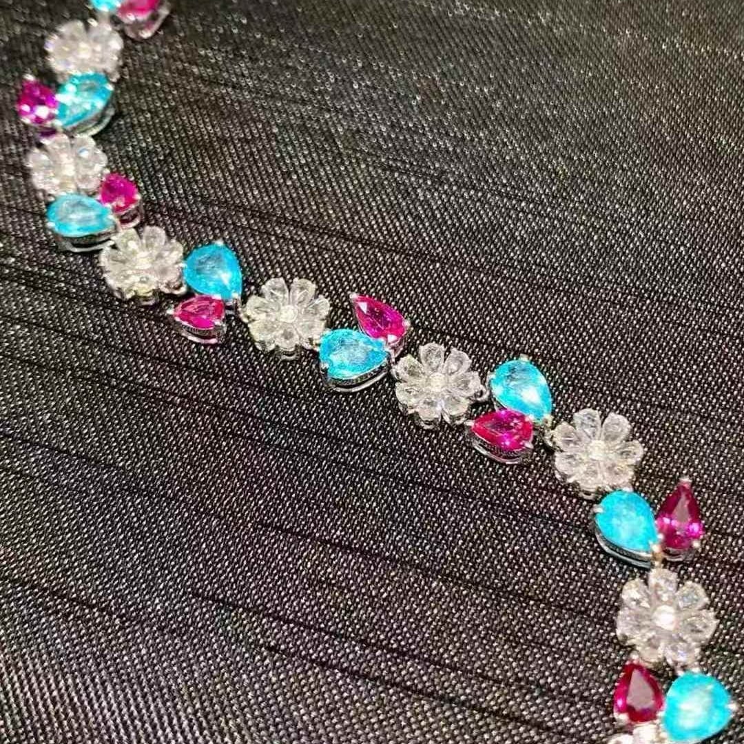 14k Gold 9.3 Ct Natural Paraiba Tourmaline & Ruby Bracelet - 6
