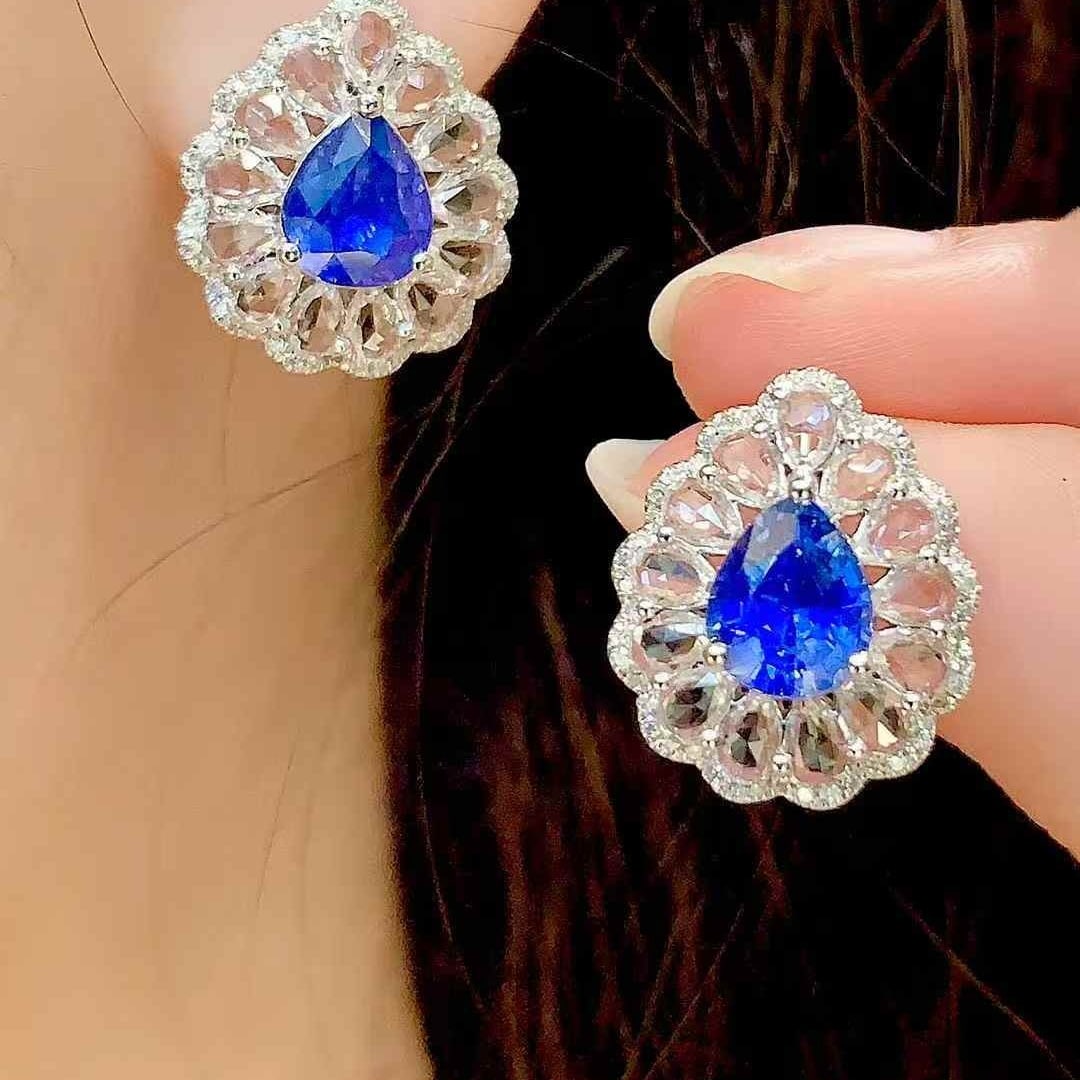 14k Gold 2.7 Ct Natural Sapphire & Diamond & Sapphire Earrings - 6