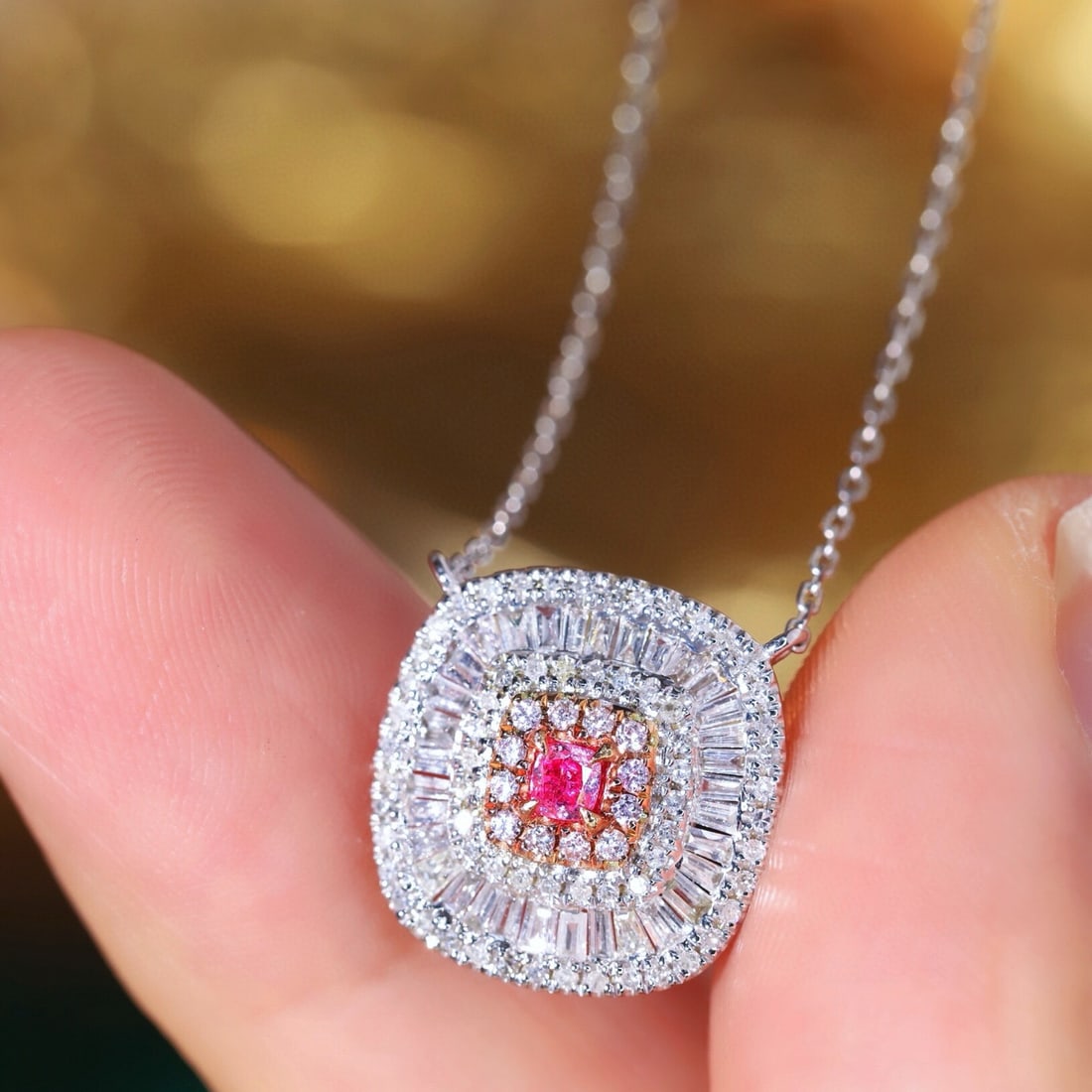 14k Gold 0.60 Ctw Natural Pink Diamond & Diamond Necklace: Ref:231117222 // gold content:14k gold // main gemstone:pink diamond // shape:cushion // carat weight:0. 08ct // color:pink // treatment:natural // // adjacent gemstone 2 : diamond // shape:round //