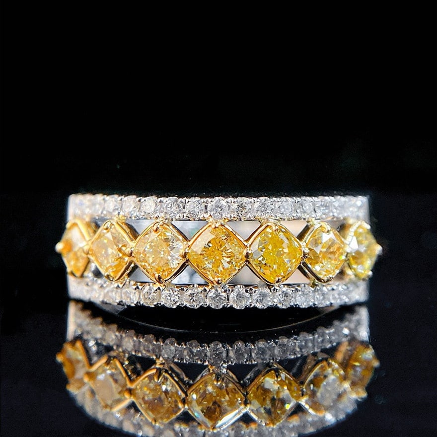 14k Gold 1.15 Ctw Natural Yellow Diamond & Diamond Ring: Ref:231118069 // gold content:14k gold // ring size:7. 25us // // main gemstone:yellow diamond // shape:cushion // carat weight:0. 90ct // color:yellow // treatment:natural // // adjacent gemstone 2