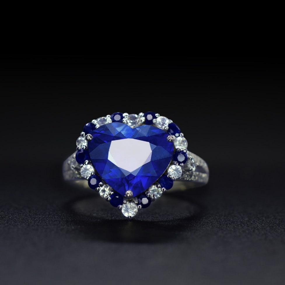 14k Gold 4.31 Ctw Natural Sapphire & Diamond Ring: Ref:231118070 // gold content:14k gold // ring size:7. 25us // // main gemstone:sapphire // shape:heart // carat weight:3. 70ct // color:blue // treatment:natural // // adjacent gemstone 2 : diamond