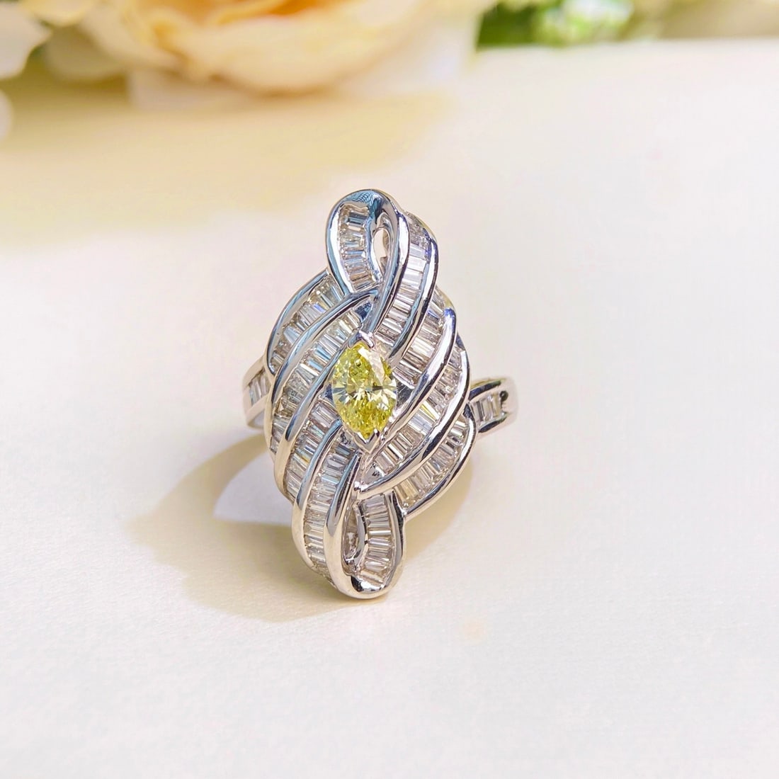 14k Gold 2.00 Ctw Natural Yellow Diamond & Diamond Ring: Ref:231118250 // gold content:14k gold // ring size:7. 25us // // main gemstone:yellow diamond // shape:marquise // carat weight:0. 46ct // color:yellow // treatment:natural // // adjacent gemstone 2 