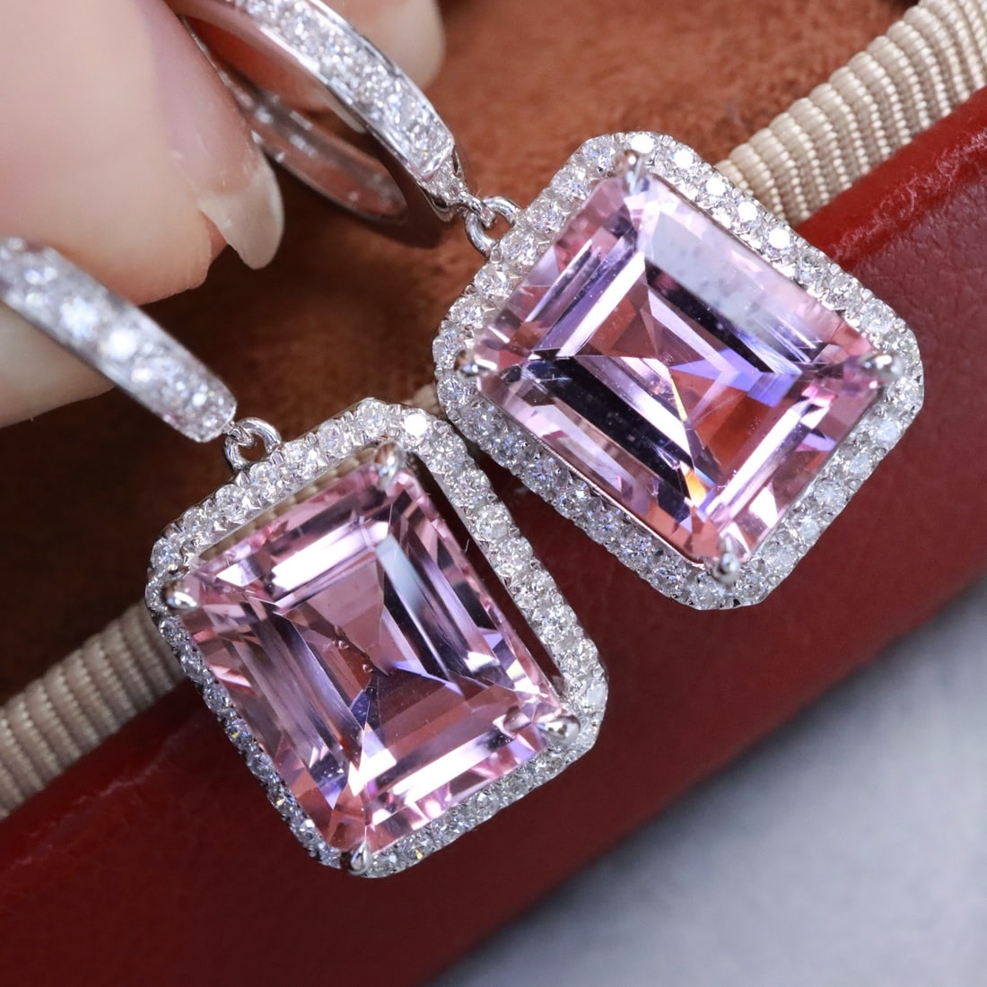 14k Gold 7.36 Ctw Natural Morganite & Diamond Earrings: Ref:231118301 // gold content:14k gold // main gemstone:morganite // shape:octagonal // carat weight:6. 9ct // color:pink // treatment:natural // // adjacent gemstone 2 : diamond // shape:round //