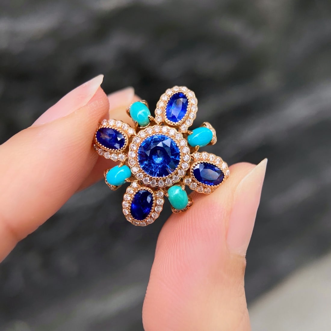 14k Gold 3.74 Ctw Natural Sapphire & Blue Turquoise & Diamond Ring: Ref:231118303 // gold content:14k gold // ring size:7. 25us // // main gemstone:sapphire & blue turquoise // shape:multiple // carat weight:3. 33ct // color:blue // treatment:natural // // adjacent