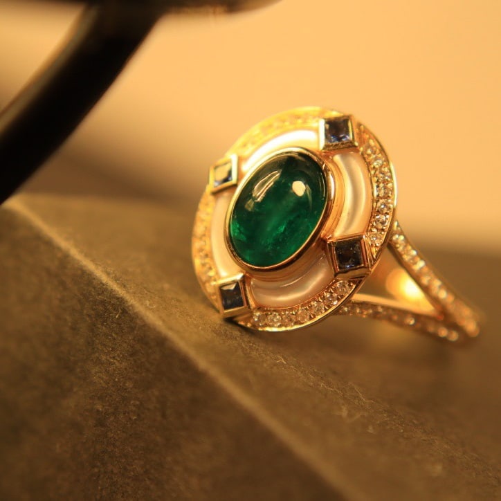 14k Gold 0.95 Ct Natural Emerald & Sapphire & Diamond Ring - 5