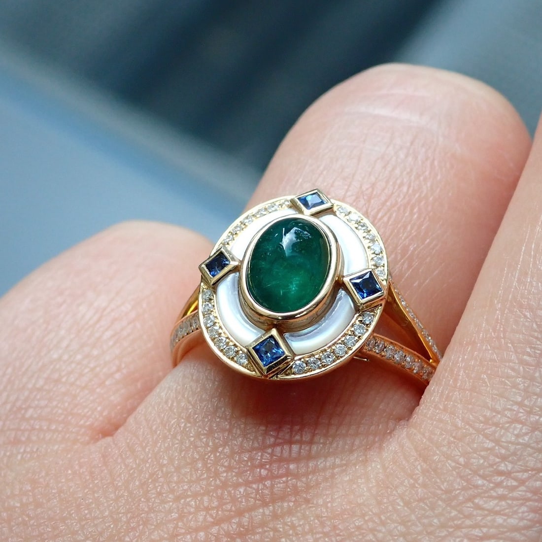 14k Gold 0.95 Ct Natural Emerald & Sapphire & Diamond Ring - 8