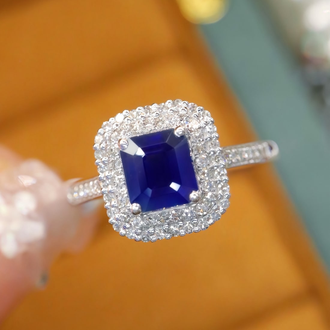 14k Gold 1.39 Ctw Natural Sapphire & Diamond Ring: Ref:231118449 // gold content:14k gold // ring size:7. 25us // // main gemstone:sapphire // shape:octagonal // carat weight:1. 05ct // color:royal blue // treatment:natural // // adjacent gemstone 2