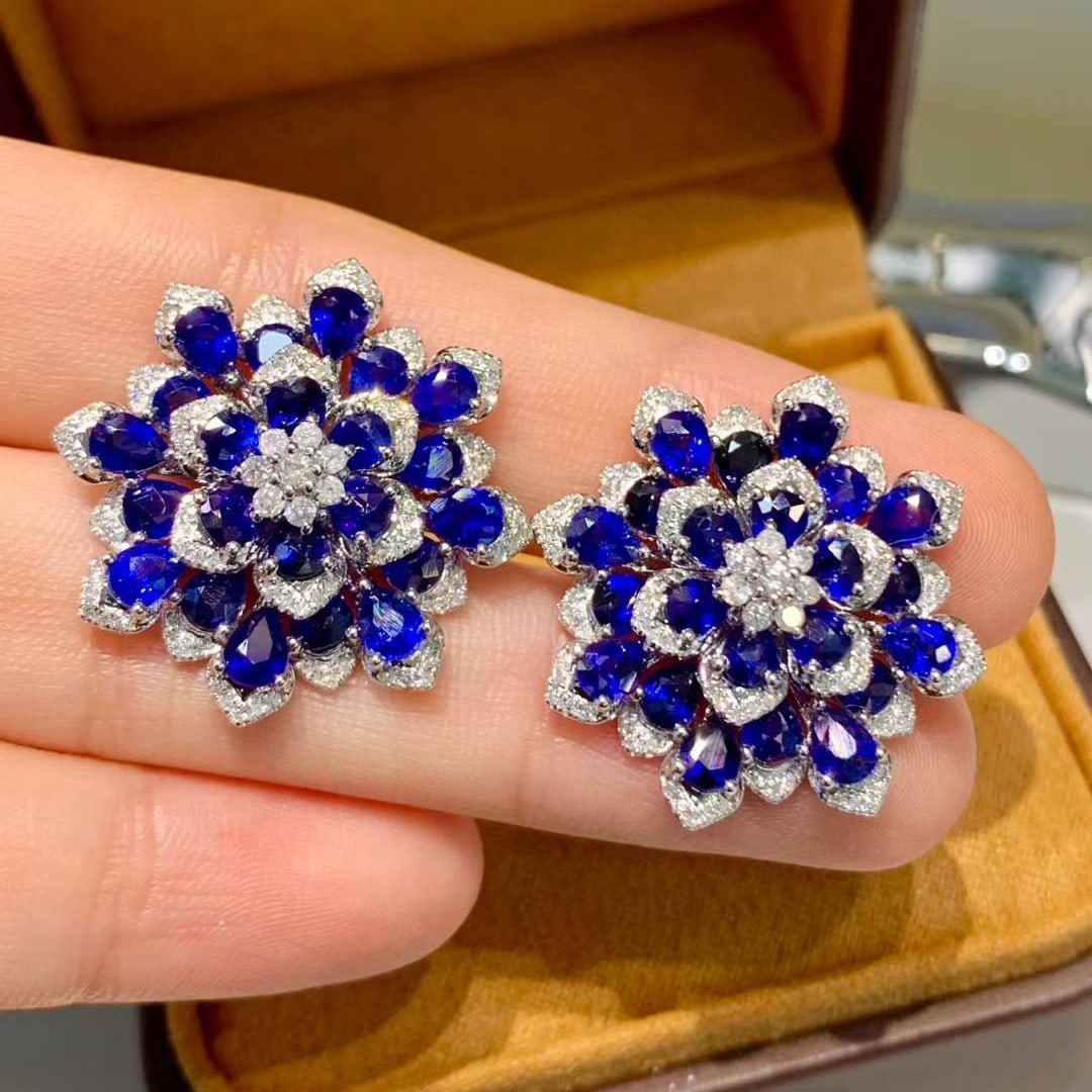 14k Gold 9.2 Ct Natural Sapphire & Diamond Earrings - 2