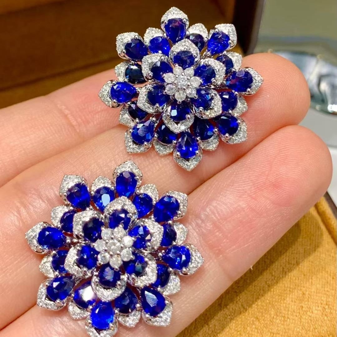 14k Gold 9.2 Ct Natural Sapphire & Diamond Earrings - 3