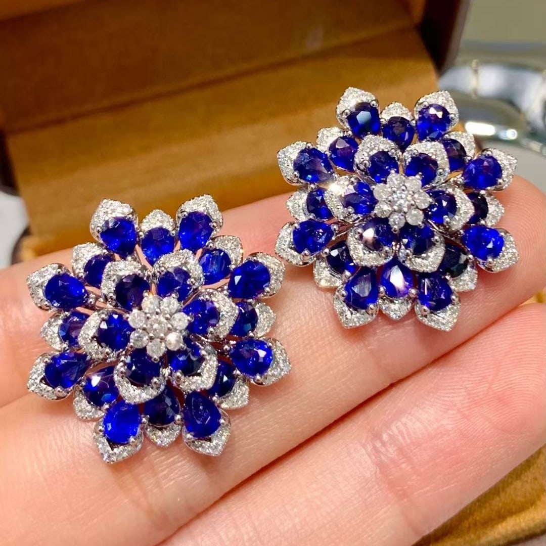 14k Gold 9.2 Ct Natural Sapphire & Diamond Earrings - 4