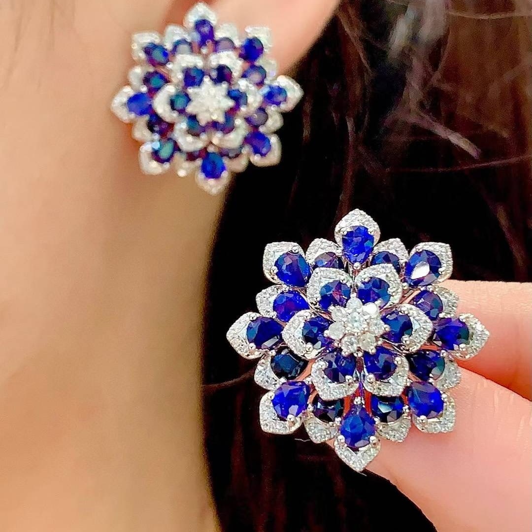 14k Gold 9.2 Ct Natural Sapphire & Diamond Earrings - 5