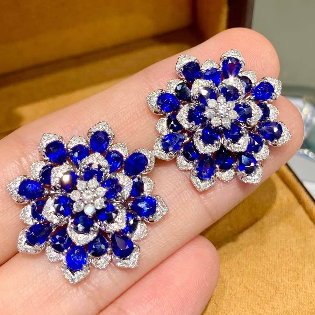 14k Gold 9.2 Ct Natural Sapphire & Diamond Earrings - 6