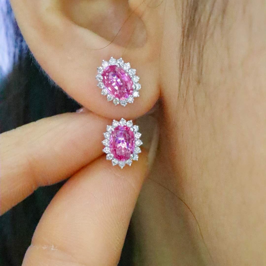14k Gold 2.33 Ctw Natural Padparadscha Sapphire & Diamond Earrings - 5