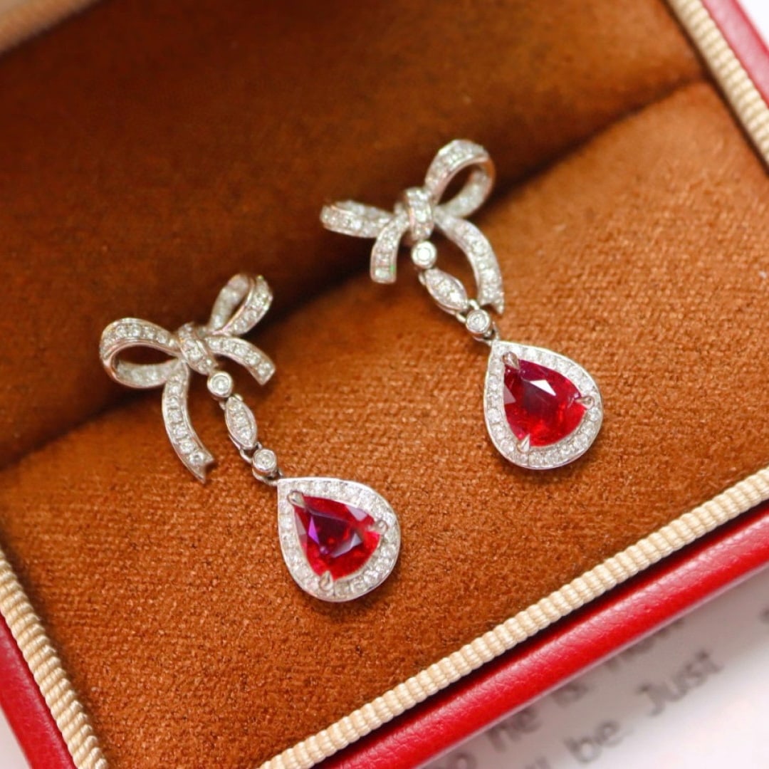 14k Gold 1.60 Ctw Natural Ruby & Diamond Earrings - 3