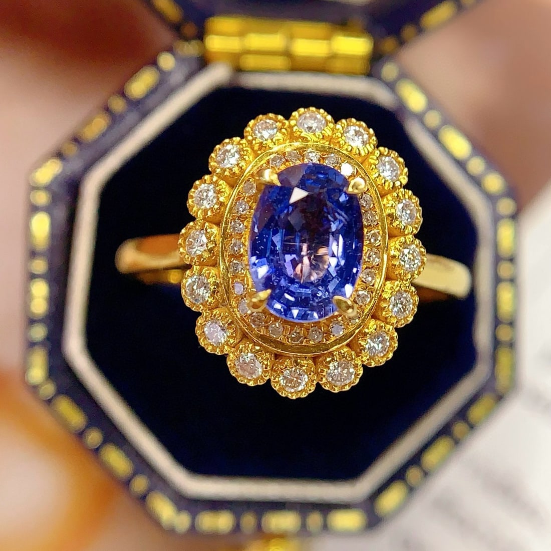 14k Gold 1.35 Ct Natural Sapphire & Diamond Ring: Ref:231017051 // gold content:14k gold // ring size:7. 25us // // main gemstone:sapphire // shape:oval // carat weight:1. 35ct // color:blue // treatment:natural // // adjacent gemstone 2 : diamond