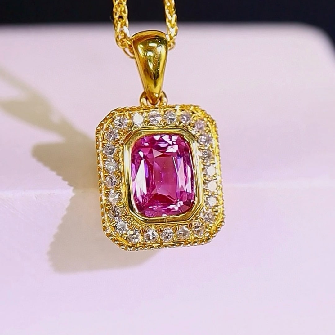 14k Gold 1.17 Ctw Natural Sapphire & Diamond Pendant( Without Chain ): Ref:231017053 // gold content:14k gold // main gemstone:sapphire // shape:cushion // carat weight:1. 05ct // color:pink // treatment:natural // // adjacent gemstone 2 : diamond // shape:round //