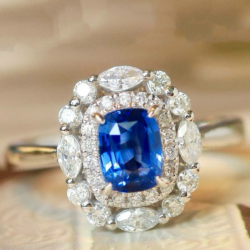 14k Gold 2.39 Ctw Natural Sapphire & Diamond Ring: Ref:231017063 // gold content:14k gold // ring size:7. 25us // // main gemstone:sapphire // shape:cushion // carat weight:1. 72ct // color:cornflower blue // treatment:natural // // adjacent gemstone