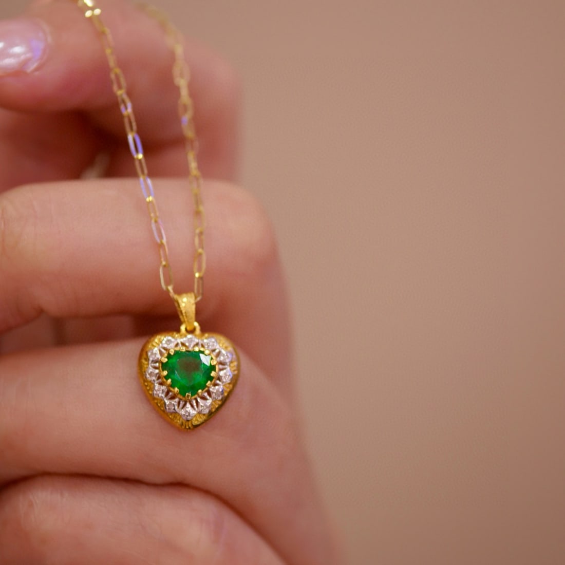14k Gold 0.58 Ctw Vivid Green Natural Emerald & Diamond Pendant( Without Chain ) - 3