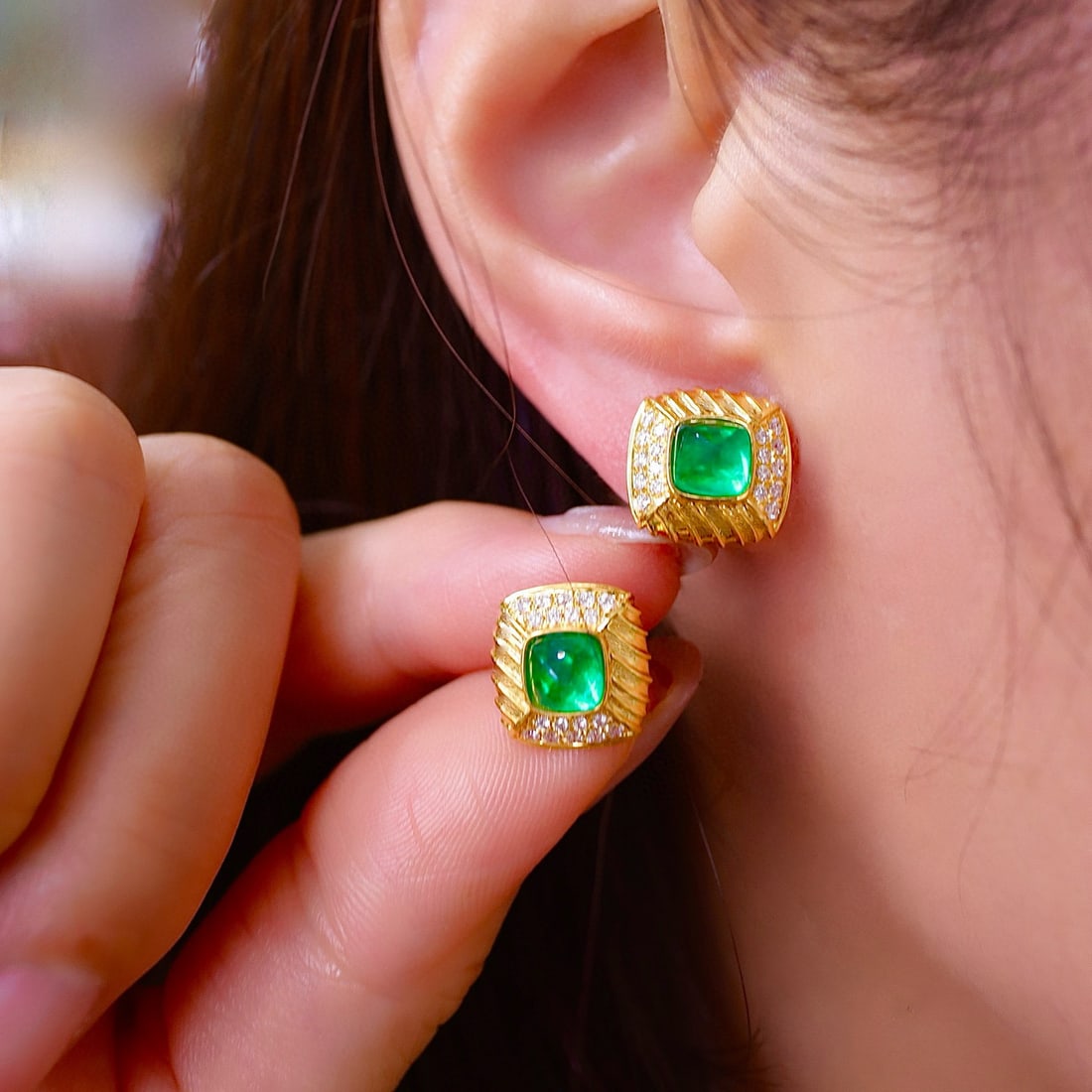 14k Gold 2.46 Ctw Vivid Green Natural Emerald & Diamond Earrings - 4