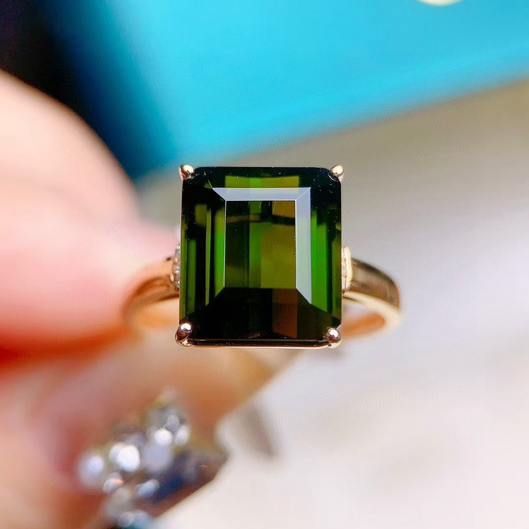 14k Gold 6.72 Ctw Natural Tourmaline & Diamond Ring: Ref:231017108 // gold content:14k gold // ring size:7. 25us // // main gemstone:tourmaline // shape:octagonal // carat weight:6. 7ct // color:green // treatment:natural // // adjacent gemstone 2 :