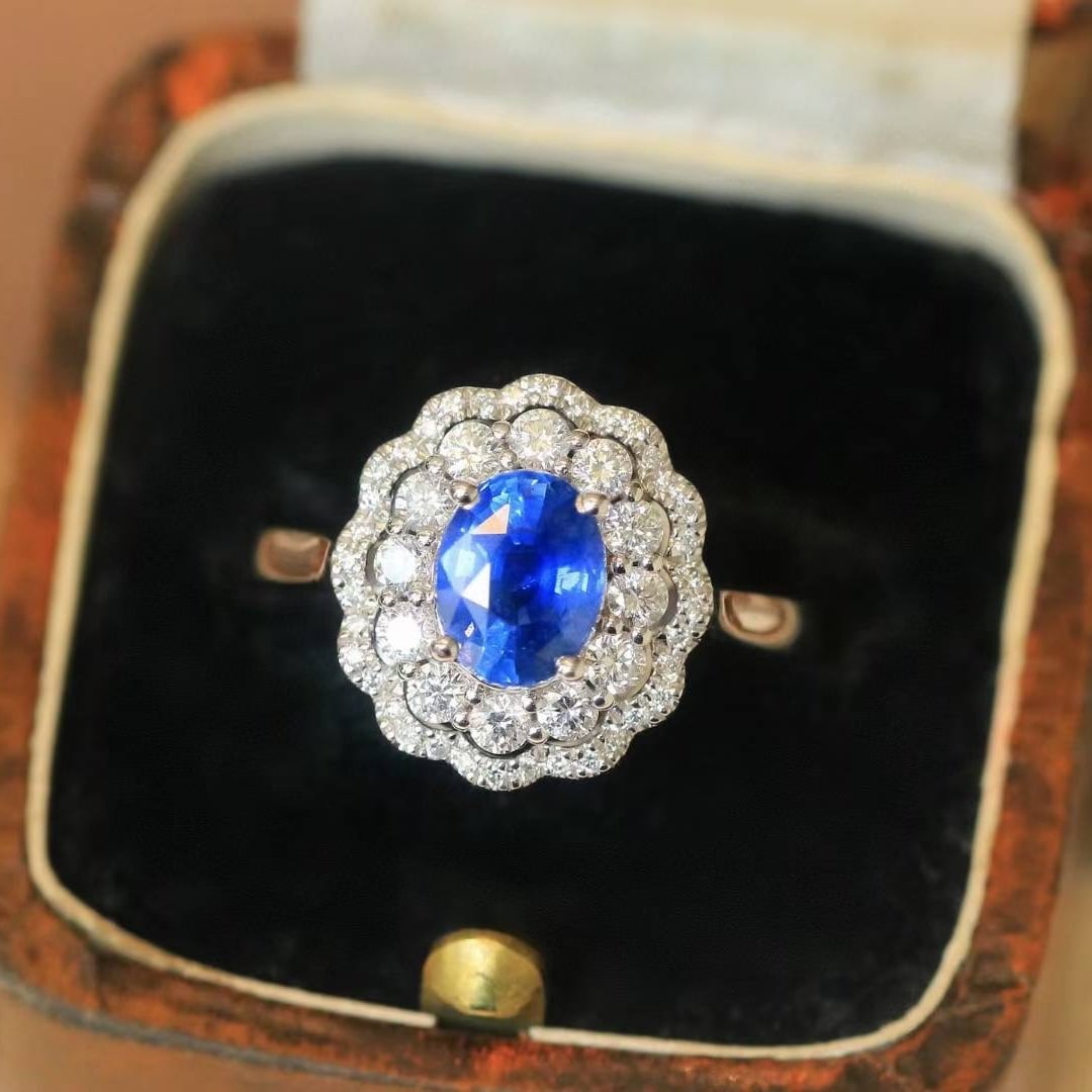 14k Gold 2.16 Ctw Natural Sapphire & Diamond Ring: Ref:231017129 // gold content:14k gold // ring size:7. 25us // // main gemstone:sapphire // shape:oval // carat weight:1. 53ct // color:cornflower blue // treatment:natural // // adjacent gemstone 2