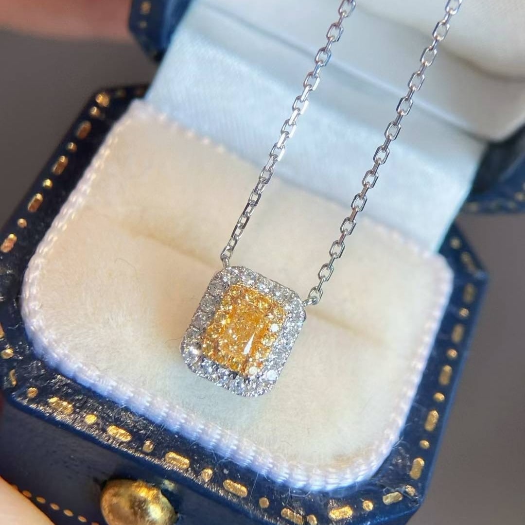 14k Gold 0.21 Ctw Natural Yellow Diamond & Diamond Necklace: Ref:231017132 // gold content:14k gold // main gemstone:yellow diamond // shape:cushion // carat weight:0. 13ct // color:yellow // treatment:natural // // adjacent gemstone 2 : diamond // shape:round