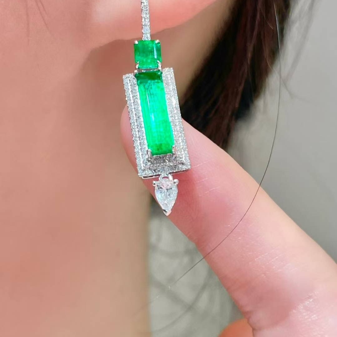14k Gold 4.65 Ctw Vivid Green Natural Emerald & Diamond Earrings - 2