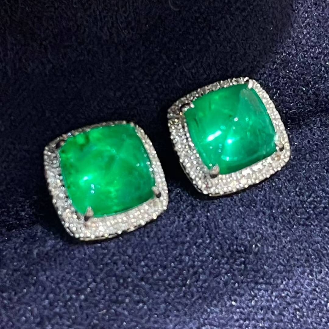 14k Gold 2.9 Ct Vivid Green Natural Emerald & Diamond Earrings - 5