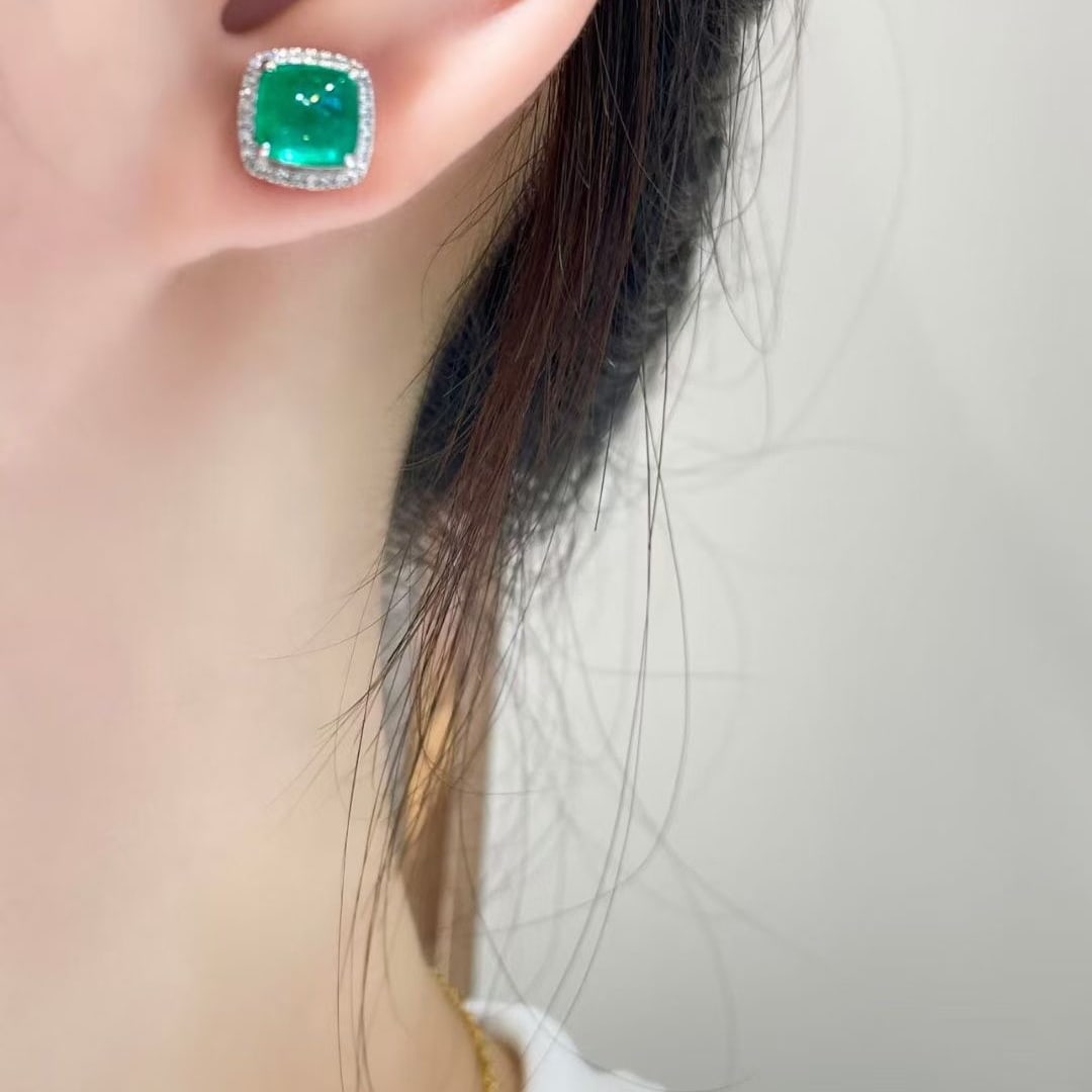 14k Gold 2.9 Ct Vivid Green Natural Emerald & Diamond Earrings - 6