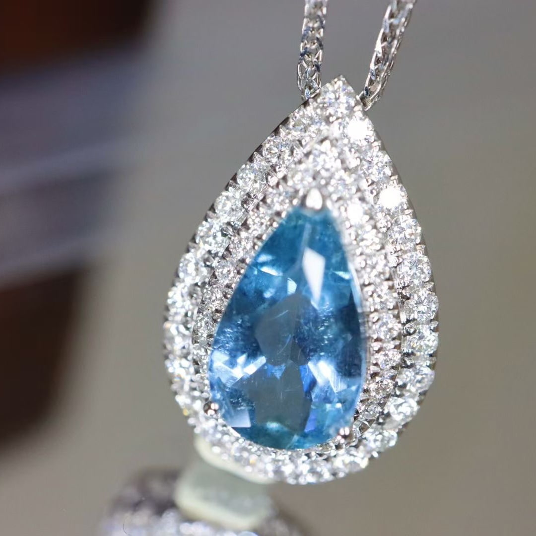14k Gold 1.54 Ctw Natural Aquamarine & Diamond Pendant( Without Chain ) - 2