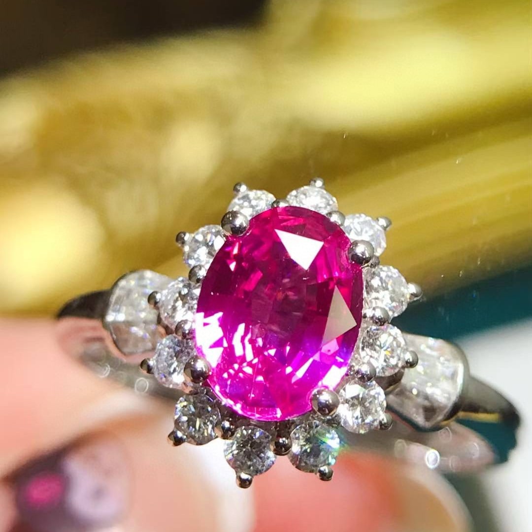 14k Gold 1.68 Ctw Natural Sapphire & Diamond Ring: Ref:231017181 // gold content:14k gold // ring size:7. 25us // // main gemstone:sapphire // shape:oval // carat weight:1. 07ct // color:pink // treatment:natural // // adjacent gemstone 2 : diamond //
