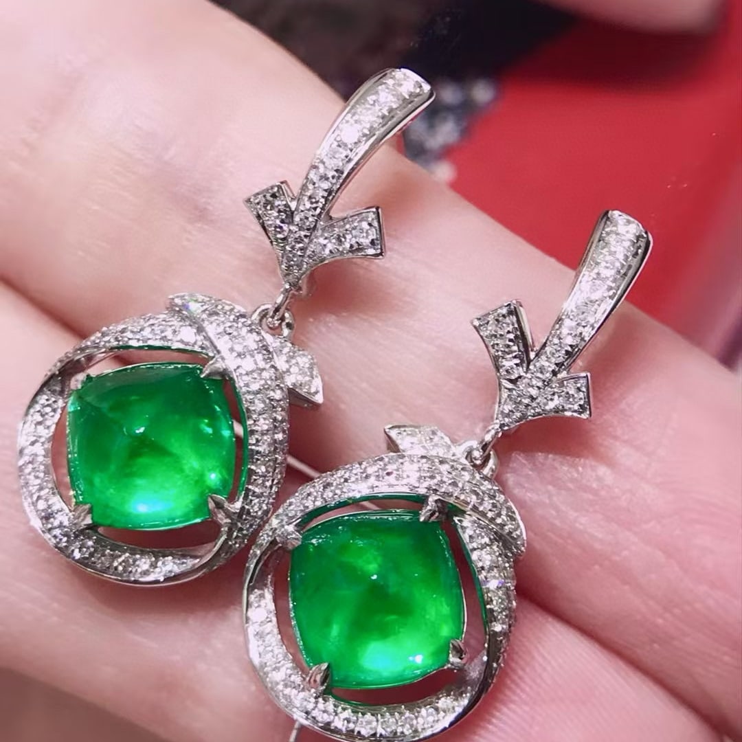 14k Gold 4.53 Ctw Vivid Green Natural Emerald & Diamond Earrings - 2
