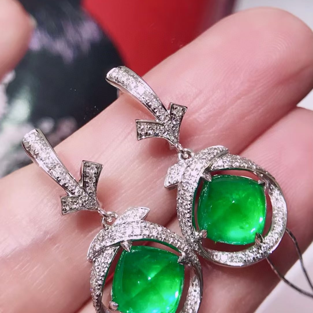 14k Gold 4.53 Ctw Vivid Green Natural Emerald & Diamond Earrings - 4