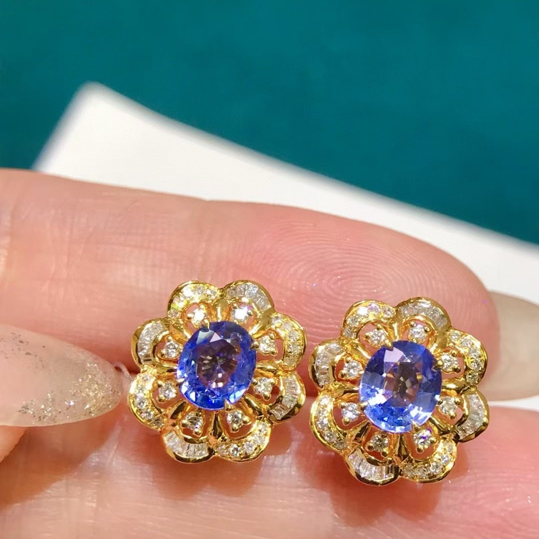 14k Gold 2.05 Ctw Natural Sapphire & Diamond Earrings - 2