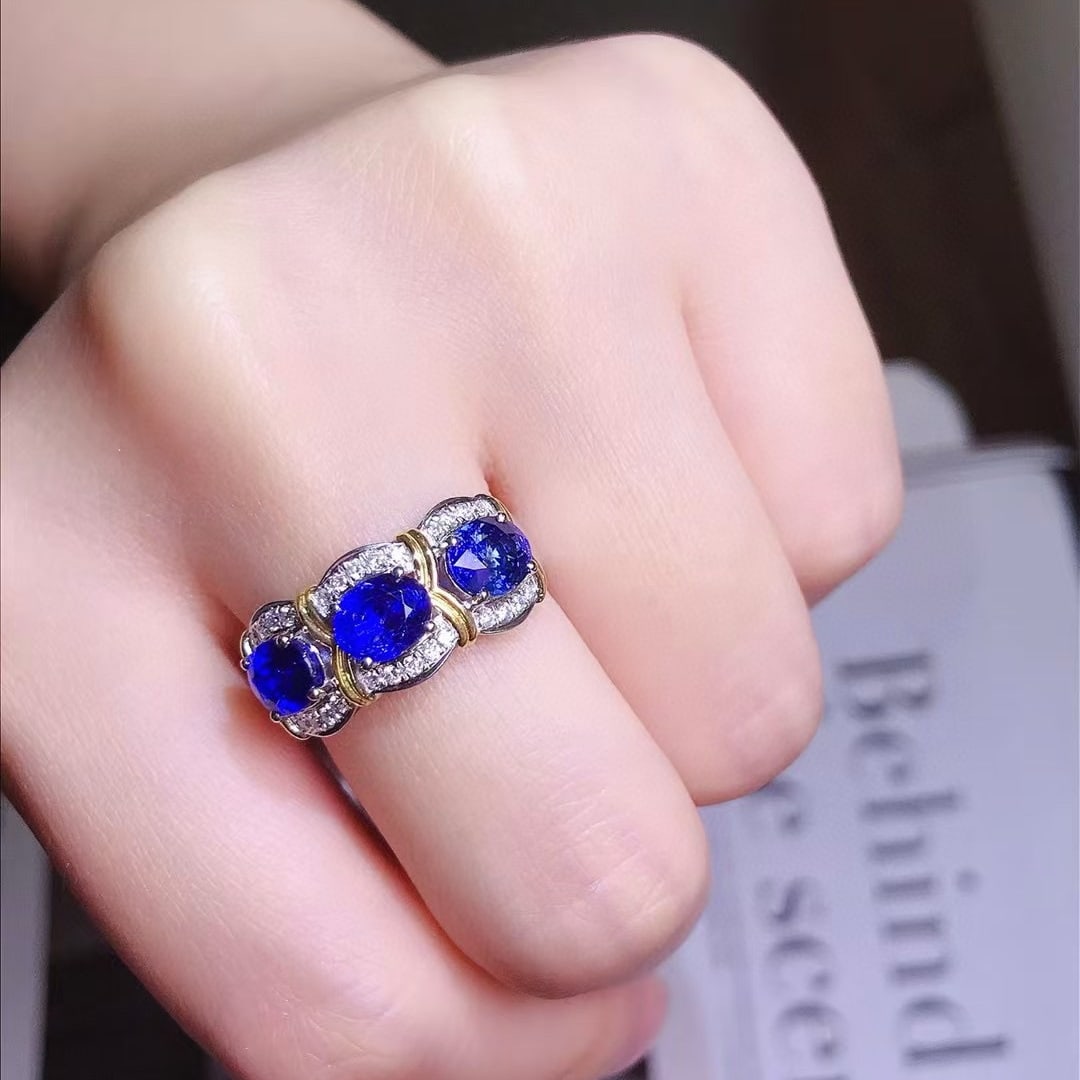 14k Gold 3.02 Ctw Vivid Blue Natural Sapphire & Diamond Ring - 2