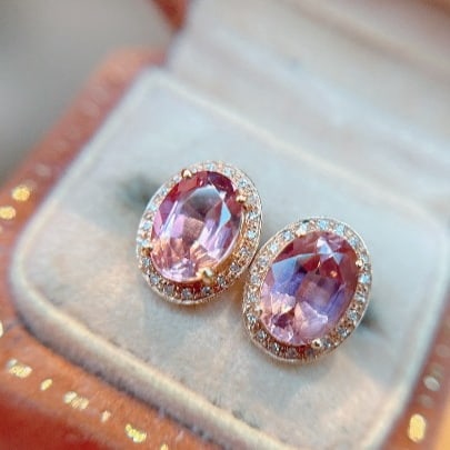 14k Gold 1.7 Ct Natural Tourmaline & Diamond Earrings: Ref:231017194 // gold content:14k gold // main gemstone:tourmaline // shape:oval // carat weight:1. 7ct // color:pink // treatment:natural // // adjacent gemstone 2 : diamond // number of stones:40