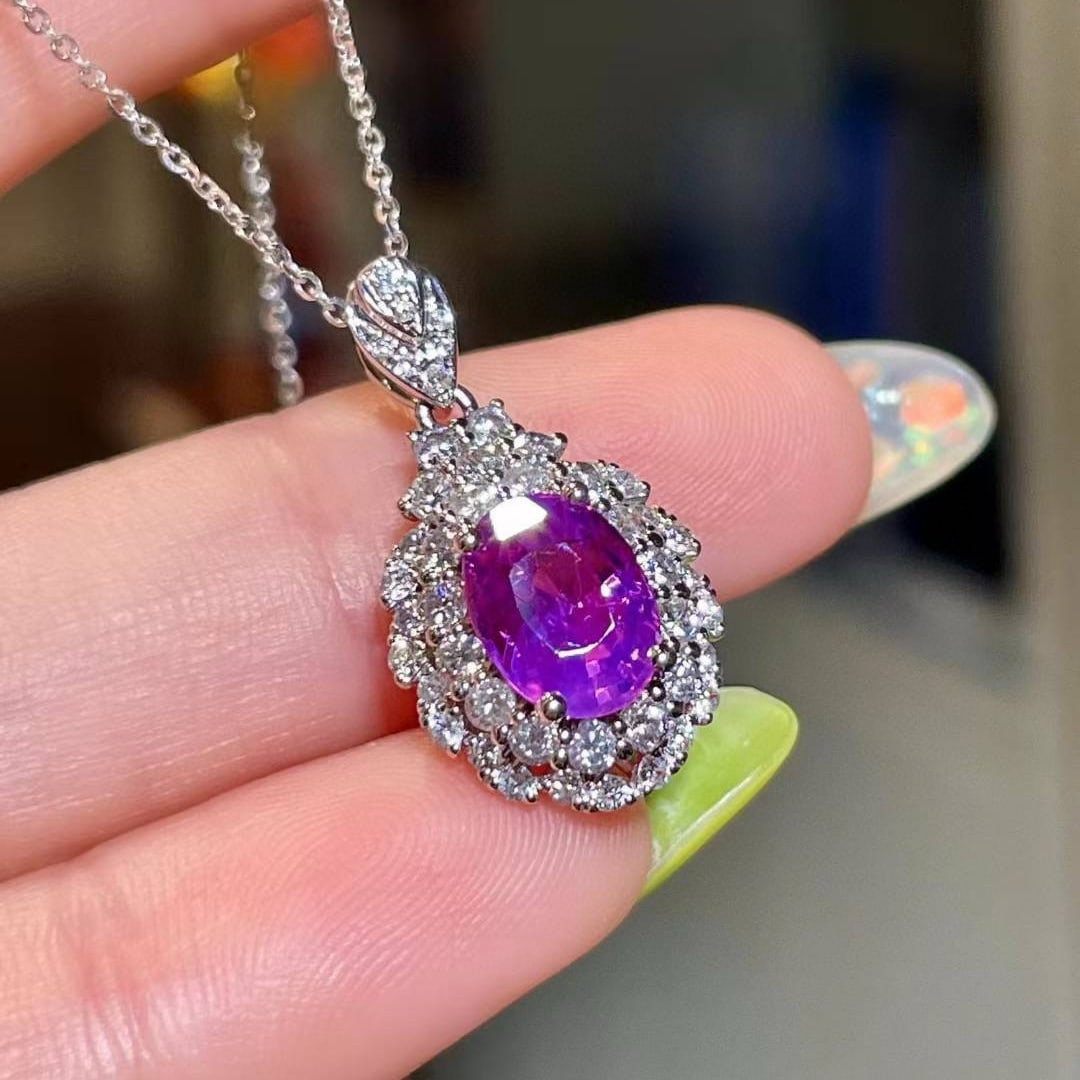 14k Gold 3.01 Ctw Natural Sapphire & Diamond Pendant( Without Chain ): Ref:231017205 // gold content:14k gold // main gemstone:sapphire // shape:oval // carat weight:2. 23ct // color:purple // treatment:natural // // adjacent gemstone 2 : diamond // shape:round // carat