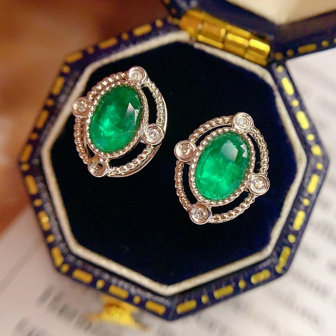 14k Gold 1.3 Ct Vivid Green Natural Emerald & Diamond Earrings - 2