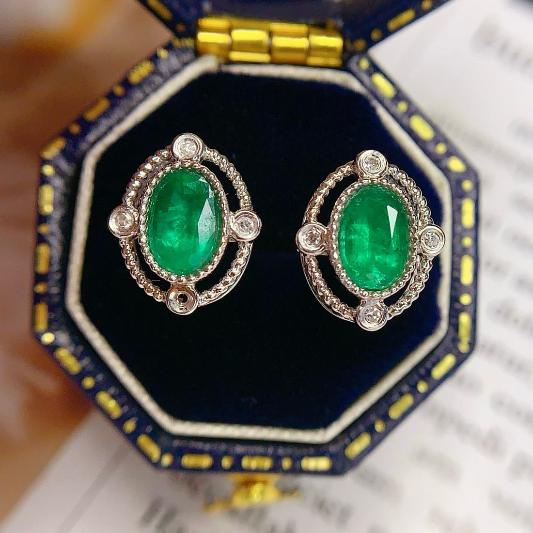 14k Gold 1.3 Ct Vivid Green Natural Emerald & Diamond Earrings - 3