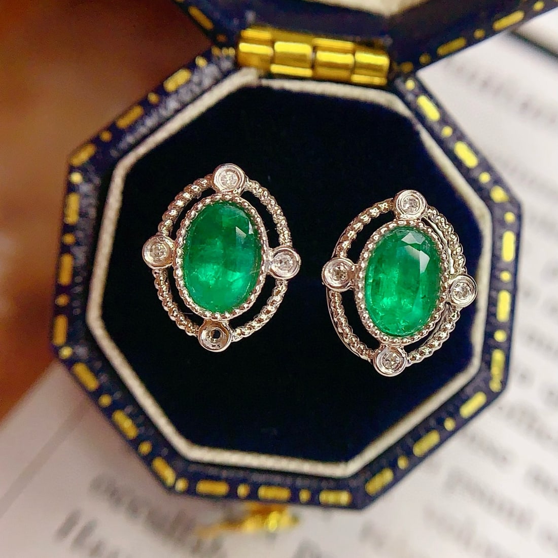 14k Gold 1.3 Ct Vivid Green Natural Emerald & Diamond Earrings - 4